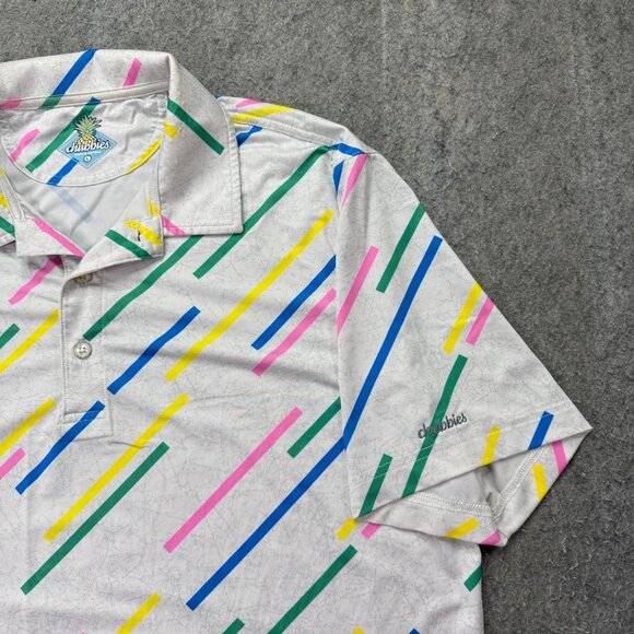 Chubbies Performance Polo Shirt Men L White Green Pink Blue Striped Stretch - Picture 3 of 13